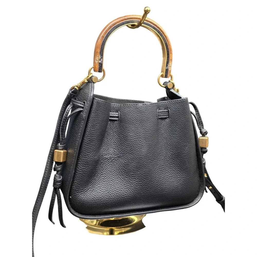Tory Burch Miller Cinch Bag Small Black Leather Wood Handle Crossbody Bucket Bag